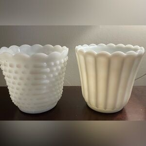 Antique Vintage White Milk Glass Vases Hobnail Lot Of 2 Ruffle Scalloped Edge